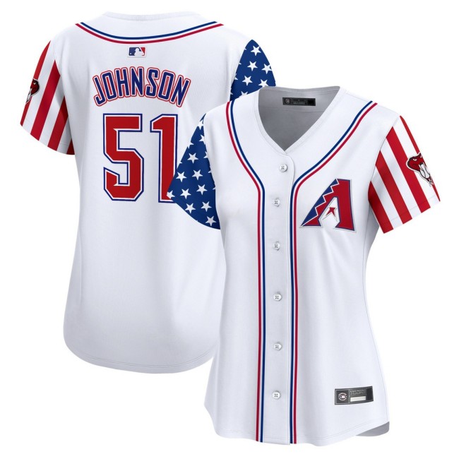 Women's AZ D-Backs #51 Randy Johnson Nike White 2025 Independence Day MLB Baseball Limited Jersey - All Stitched