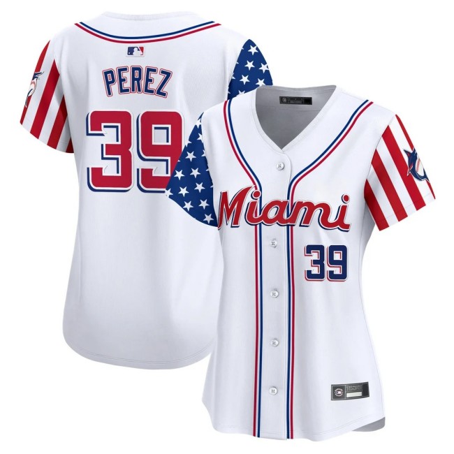 Women's Miami Marlins #39 Eury Perez Nike White 2025 Independence Day MLB Baseball Limited Jersey - All Stitched
