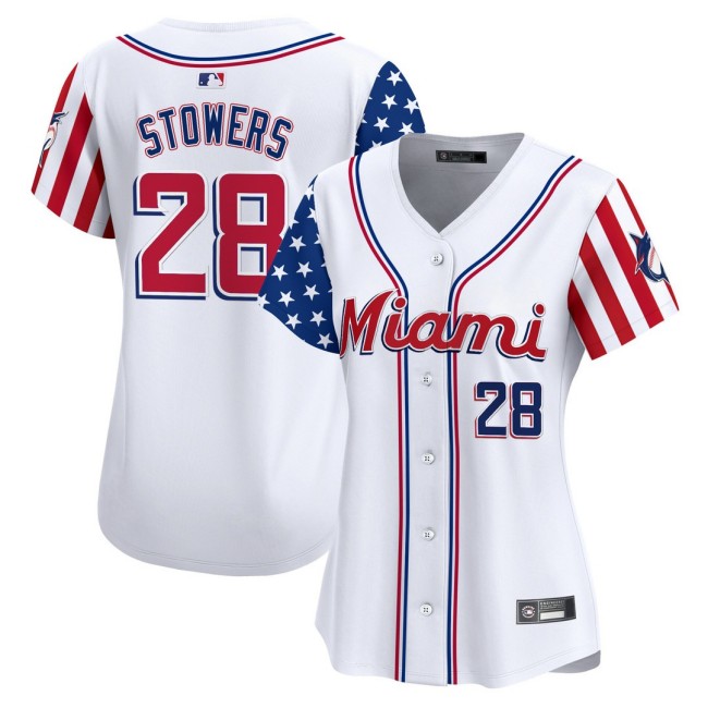 Women's Miami Marlins #28 Kyle Stowers Nike White 2025 Independence Day MLB Baseball Limited Jersey - All Stitched