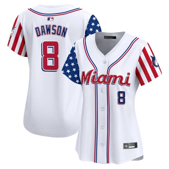 Women's Miami Marlins #8 Andre Dawson Nike White 2025 Independence Day MLB Baseball Limited Jersey - All Stitched