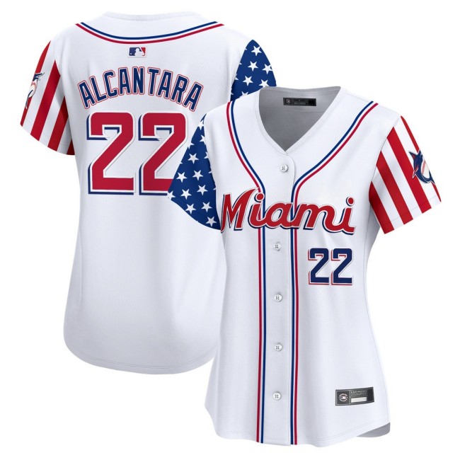 Women's Miami Marlins #22 Nike Sandy Alcantara White 2025 Independence Day MLB Baseball Limited Jersey - All Stitched