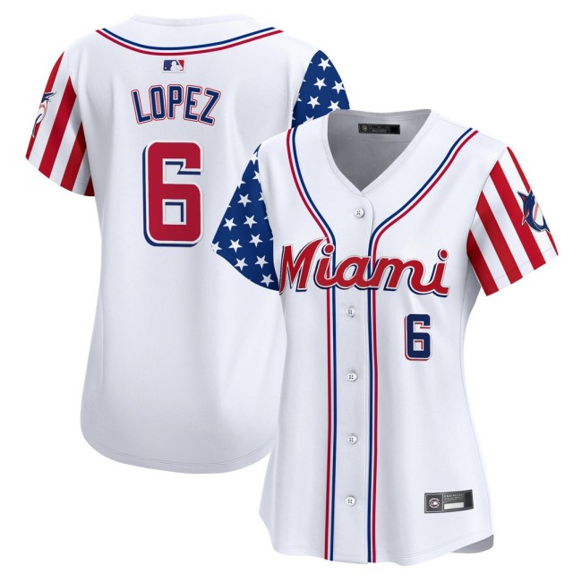 Women's Miami Marlins #6 Otto Lopez Nike White 2025 Independence Day MLB Baseball Limited Jersey - All Stitched