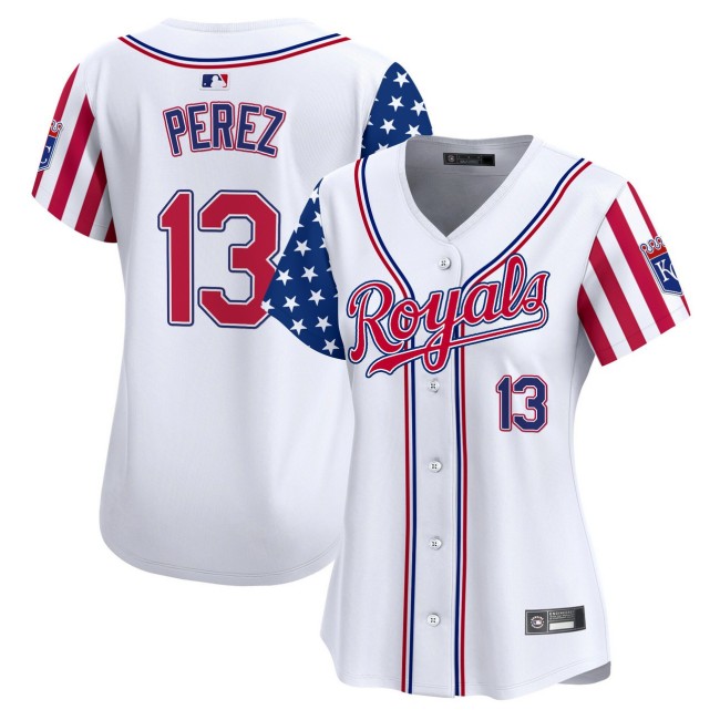 Women's KC Royals #13 Salvador Perez Nike White 2025 Independence Day MLB Baseball Limited Jersey - All Stitched