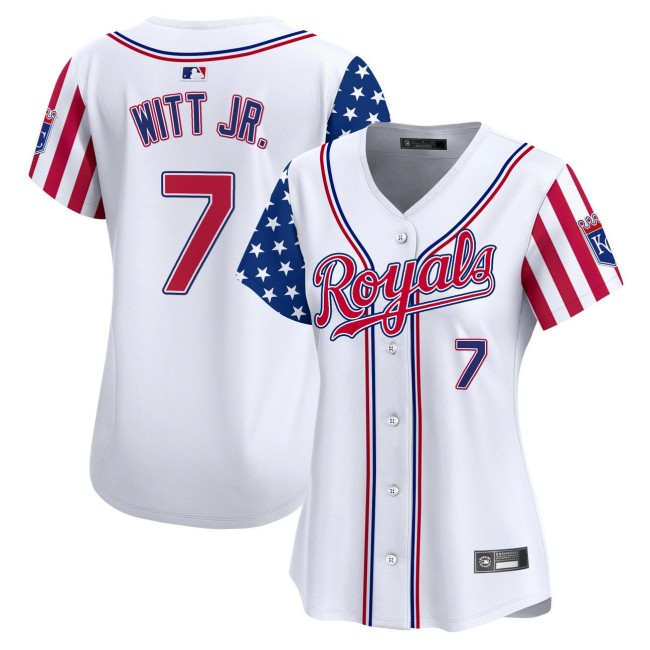 Women's KC Royals #7 Bobby Witt Jr. Nike White 2025 Independence Day MLB Baseball Limited Jersey - All Stitched