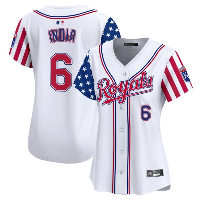Women's KC Royals #6 Jonathan India Nike White 2025 Independence Day MLB Baseball Limited Jersey - All Stitched