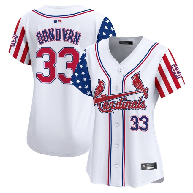 Women's STL Cardinals #33 Brendan Donovan Nike White 2025 Independence Day MLB Baseball Limited Jersey - All Stitched
