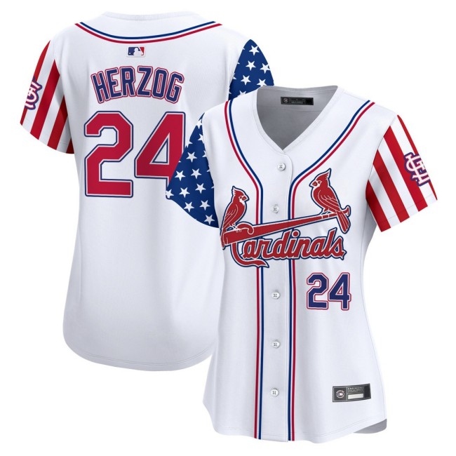 Women's STL Cardinals #24 Whitey Herzog Nike White 2025 Independence Day MLB Baseball Limited Jersey - All Stitched