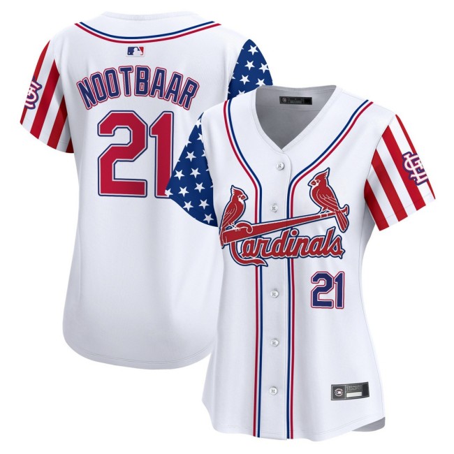 Women's STL Cardinals #21 Lars Nootbaar Nike White 2025 Independence Day MLB Baseball Limited Jersey - All Stitched