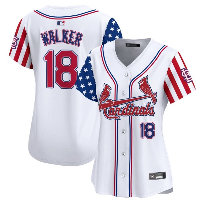 Women's STL Cardinals #18 Jordan Walker Nike White 2025 Independence Day MLB Baseball Limited Jersey - All Stitched
