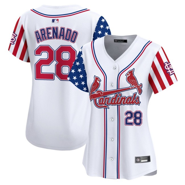 Women's STL Cardinals #28 Nolan Arenado Nike White 2025 Independence Day MLB Baseball Limited Jersey - All Stitched