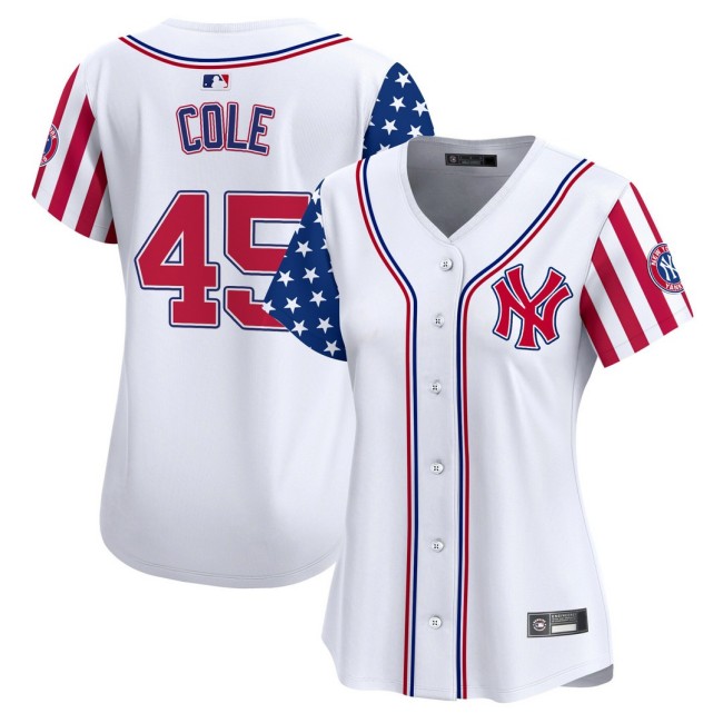 Women's NY Yankees #45 Gerrit Cole Nike White 2025 Independence Day MLB Baseball Limited Jersey - All Stitched