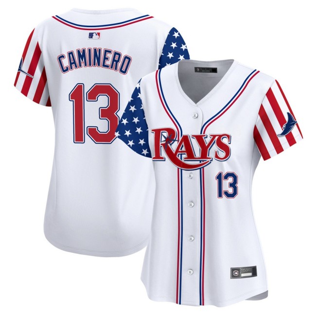 Women's TB Rays #13 Junior Caminero Nike White 2025 Independence Day MLB Baseball Limited Jersey - All Stitched