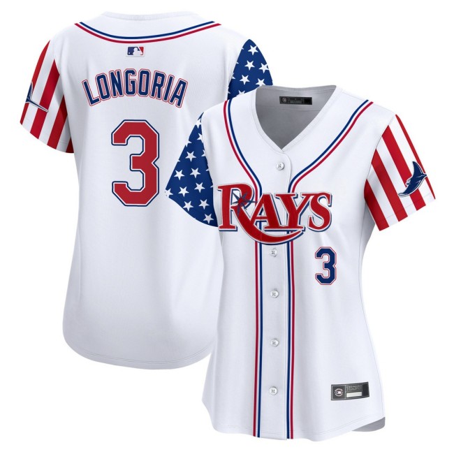 Women's TB Rays #3 Evan Longoria Nike White 2025 Independence Day MLB Baseball Limited Jersey - All Stitched