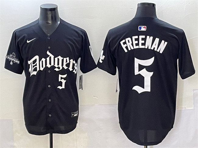 Men's Los Angeles Dodgers #5 Freddie Freeman Black 2025 LA Gothic Style With 2024 World Series Champions Patch Limited Stitched Jersey