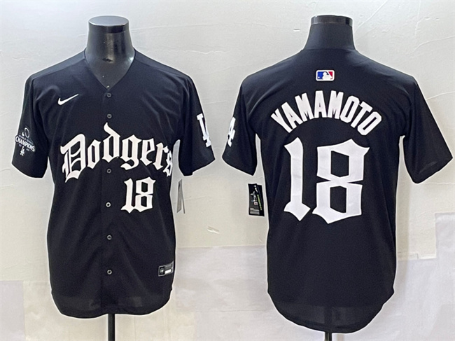 Men's Los Angeles Dodgers #18 Yoshinobu Yamamoto Black 2025 LA Gothic Style With 2024 World Series Champions Patch Limited Stitched Jersey
