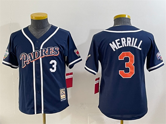 Youth San Diego Padres #3 Jackson Merrill Navy Throwback With Patch Stitched Baseball Jersey