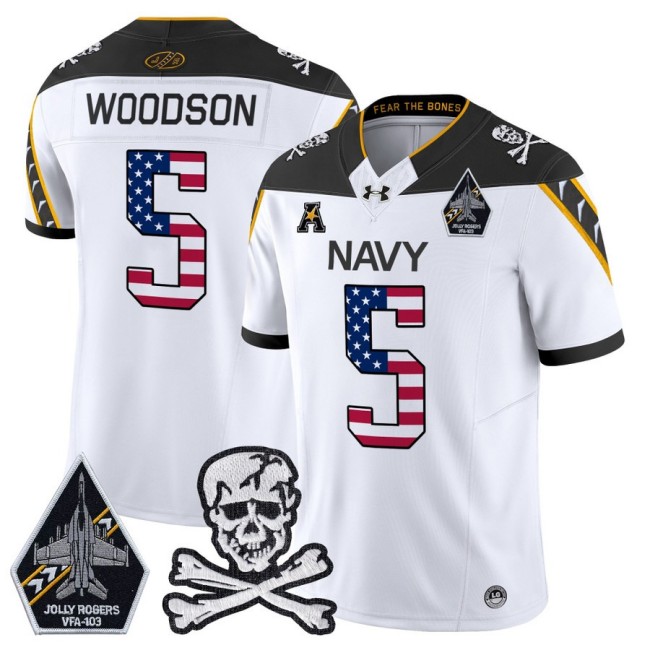 Men's Navy Midshipmen #5 Braxton Woodson 2025 Independence Day F.U.S.E Vapor Limited Football Jersey White - All Stitched