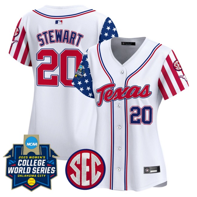 Women's Texas Softball #20 Katie Stewart Nike White Independence Day 2025 NCAA WCWS Limited Jersey - All Stitched
