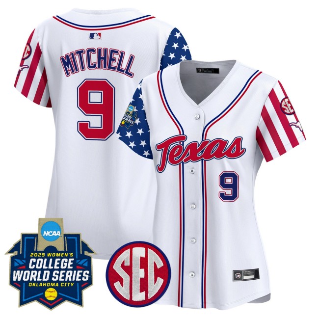 Women's Texas Softball #9 Joley Mitchell Nike White Independence Day 2025 NCAA WCWS Limited Jersey - All Stitched