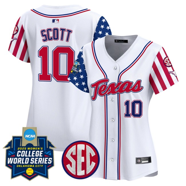 Women's Texas Softball #10 Mia Scott Nike White Independence Day 2025 NCAA WCWS Limited Jersey - All Stitched