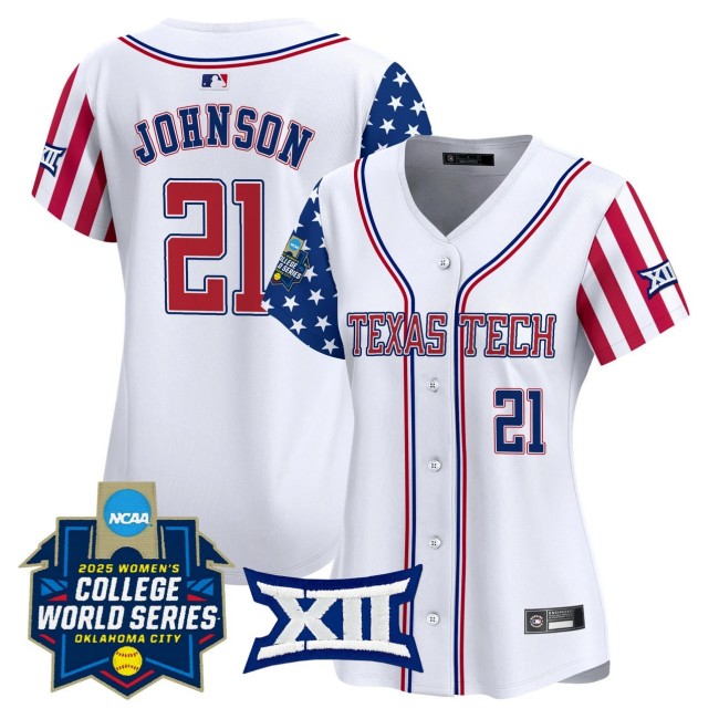 Women's Texas Tech Nike Softball #21 Alana Johnson White Independence Day 2025 NCAA WCWS Limited Jersey - All Stitched