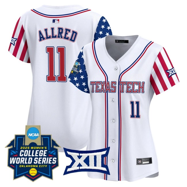 Women's Texas Tech Nike Softball #11 Lauren Allred White Independence Day 2025 NCAA WCWS Limited Jersey - All Stitched