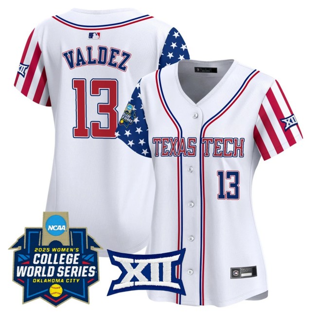 Women's Texas Tech Nike Softball #13 Victoria Valdez White Independence Day 2025 NCAA WCWS Limited Jersey - All Stitched