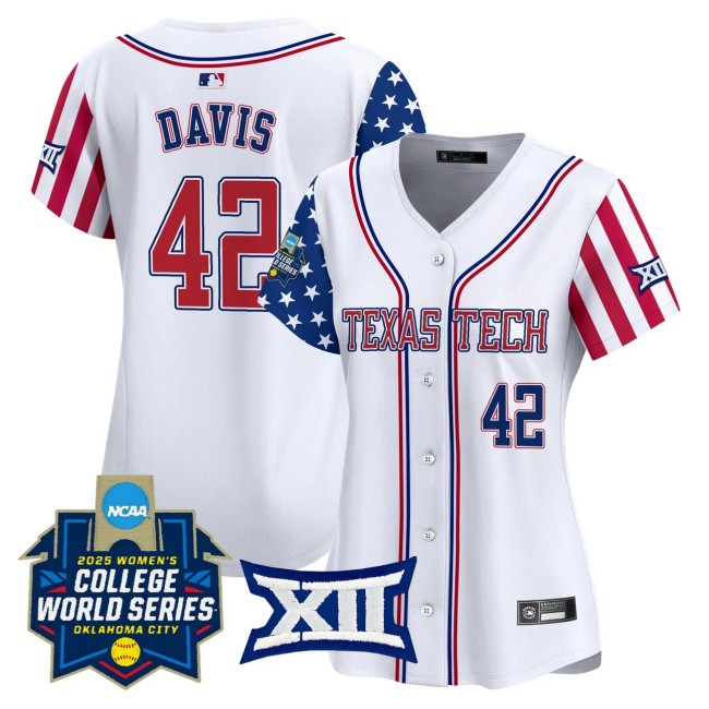 Women's Texas Tech Nike Softball #42 Mihyia Davis White Independence Day 2025 NCAA WCWS Limited Jersey - All Stitched