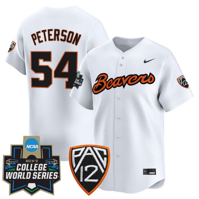 Men's OSU Baseball #54 Tyce Peterson Nike White 2025 NCAA MCWS Limited Jersey - All Stitched