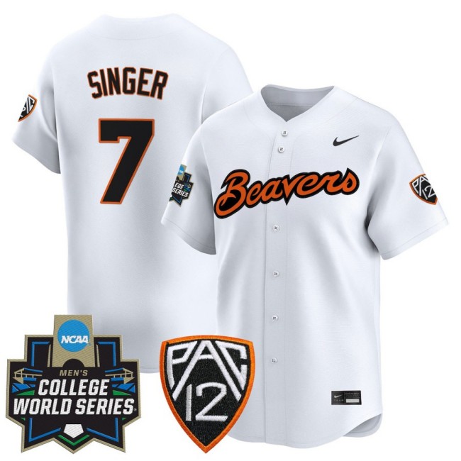 Men's OSU Baseball #7 AJ Singer Nike White 2025 NCAA MCWS Limited Jersey - All Stitched