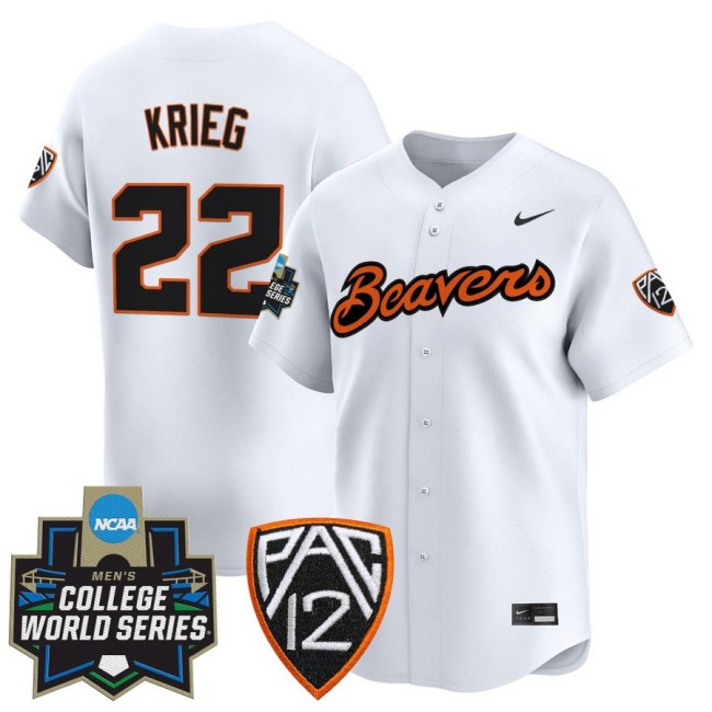 Men's OSU Baseball #22 Jacob Krieg Nike White 2025 NCAA MCWS Limited Jersey - All Stitched