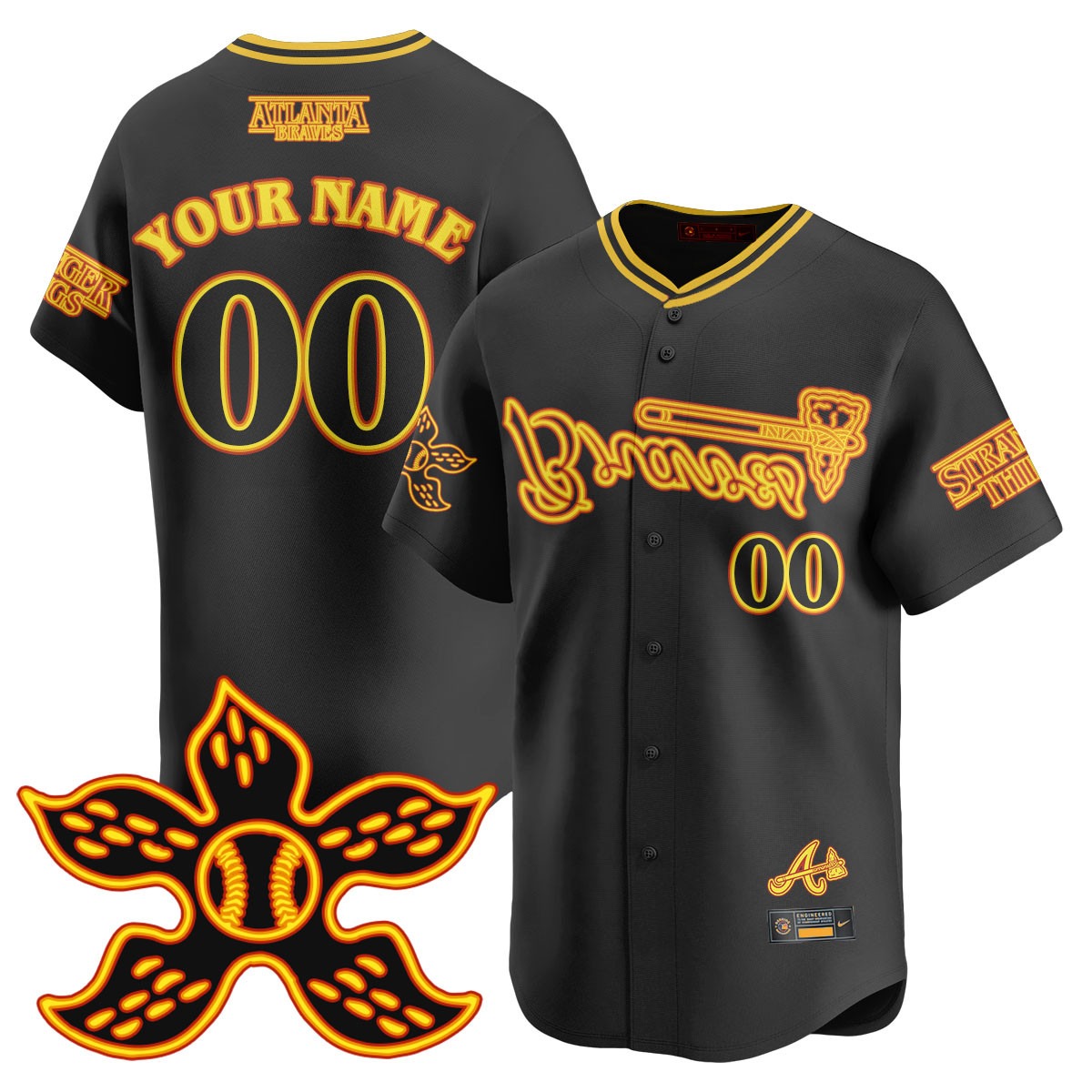 Atlanta Braves Stranger Things Custom 2025 Nike Limited Baseball Jersey Black Gold - All Stitched