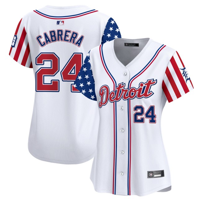 Women's Detroit Tigers #24 Miguel Cabrera Nike White 2025 Independence Day MLB Baseball Limited Jersey - All Stitched