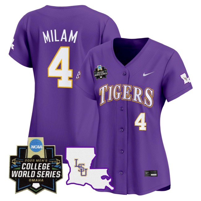Women's LSU Tigers #4 Steven Milam Nike 2025 NCAA MCWS Baseball Limited Jersey Purple - All Stitched