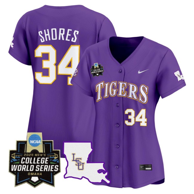Women's LSU Tigers #34 Chase Shores Nike 2025 NCAA MCWS Baseball Limited Jersey Purple - All Stitched