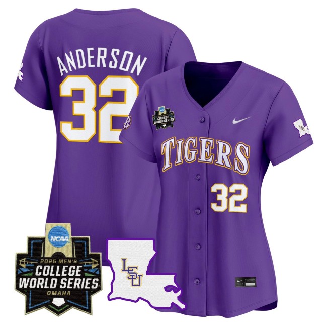 Women's LSU Tigers #32 Kade Anderson Nike 2025 NCAA MCWS Baseball Limited Jersey Purple - All Stitched