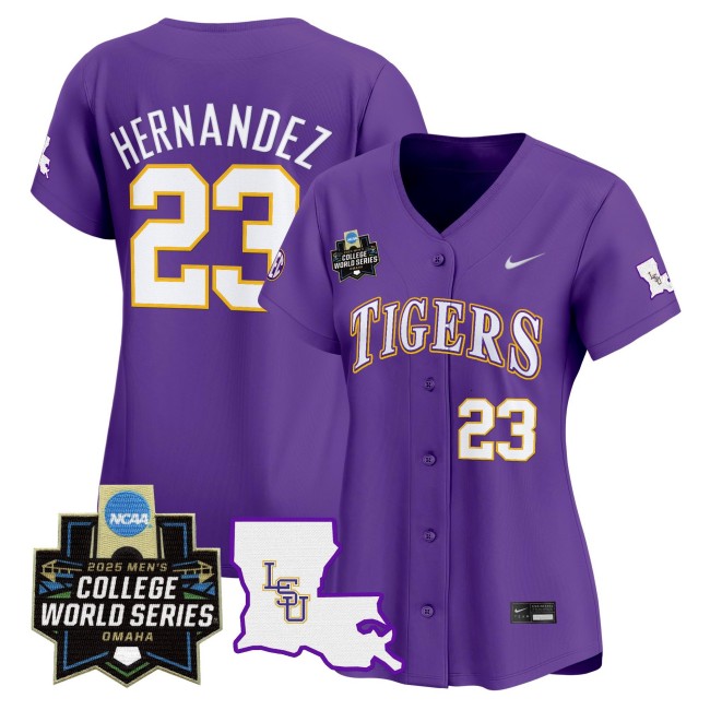 Women's LSU Tigers #23 Luis Hernandez Nike 2025 NCAA MCWS Baseball Limited Jersey Purple - All Stitched