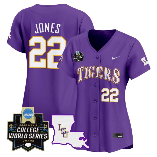 Women's LSU Tigers #22 Jared Jones Nike 2025 NCAA MCWS Baseball Limited Jersey Purple - All Stitched