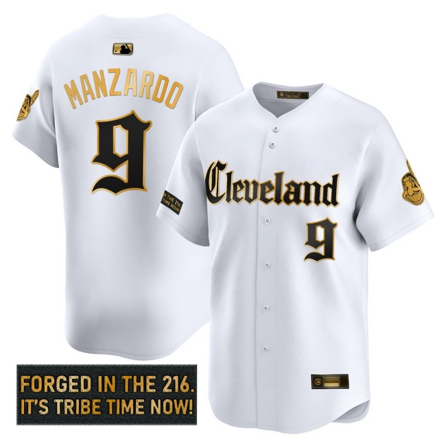 Men's CLE Indians #9 Kyle Manzardo 'Gothic Iron Edition' Nike Gold MLB Baseball Limited Jersey White - All Stitched