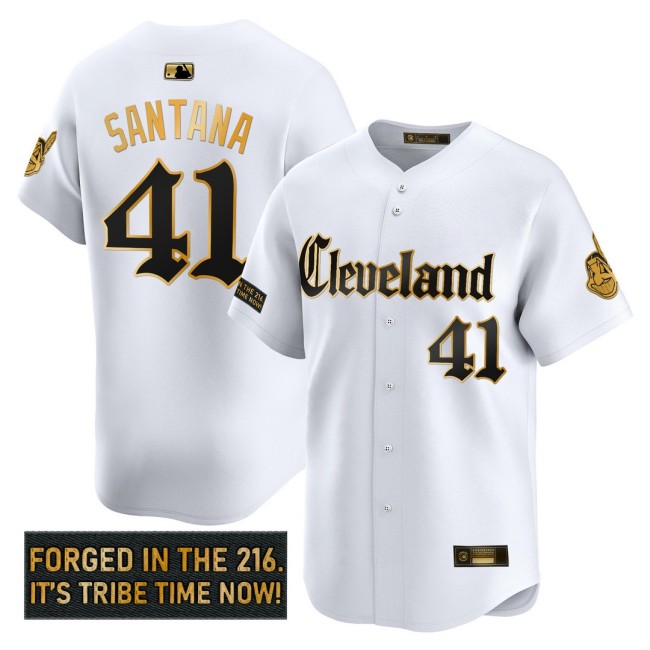 Men's CLE Indians #41 Carlos Santana 'Gothic Iron Edition' Nike Gold MLB Baseball Limited Jersey White - All Stitched