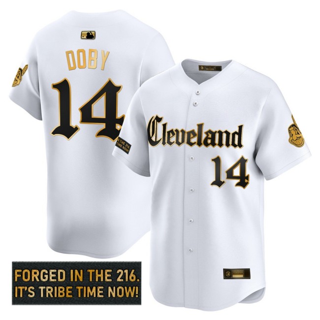 Men's CLE Indians #14 Larry Doby 'Gothic Iron Edition' Nike Gold MLB Baseball Limited Jersey White - All Stitched