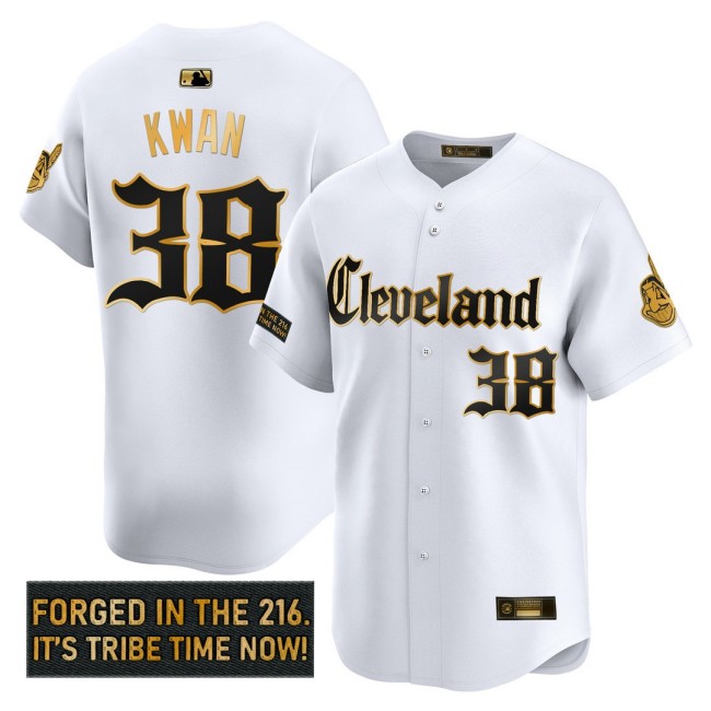 Men's CLE Indians #38 Steven Kwan 'Gothic Iron Edition' Nike Gold MLB Baseball Limited Jersey White - All Stitched