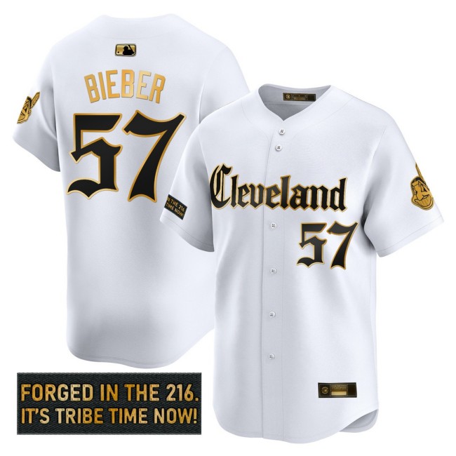 Men's CLE Indians #57 Shane Bieber 'Gothic Iron Edition' Nike Gold MLB Baseball Limited Jersey White - All Stitched