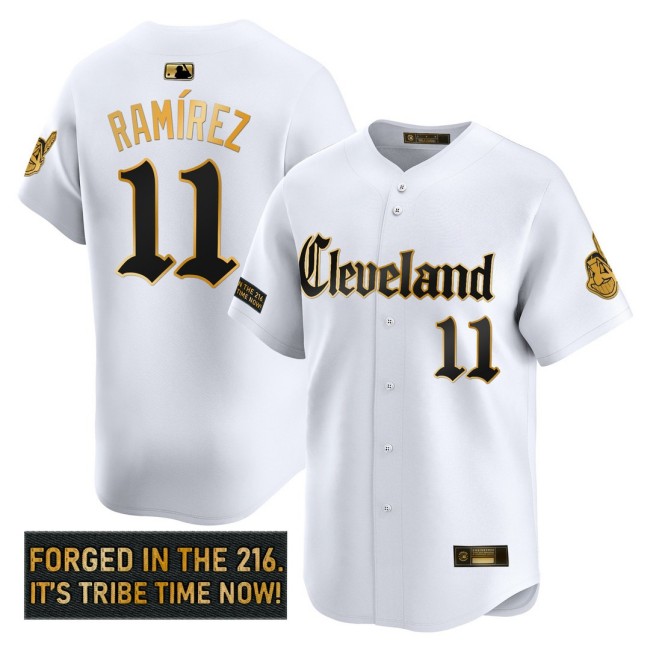 Men's CLE Indians #11 Jose Ramirez 'Gothic Iron Edition' Nike Gold MLB Baseball Limited Jersey White - All Stitched