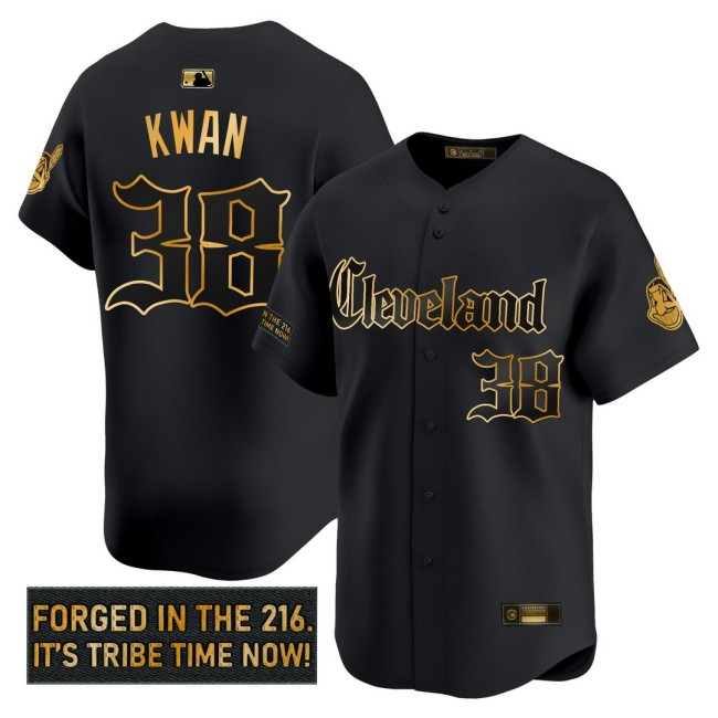 Men's CLE Indians #38 Steven Kwan 'Gothic Iron Edition' Nike Gold MLB Baseball Limited Jersey Black - All Stitched