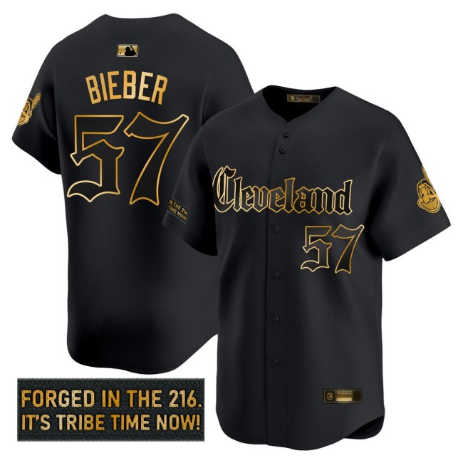 Men's CLE Indians #57 Shane Bieber 'Gothic Iron Edition' Nike Gold MLB Baseball Limited Jersey Black - All Stitched