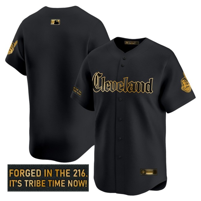 Men's CLE Indians Team 'Gothic Iron Edition' Nike Gold MLB Baseball Limited Jersey Black - All Stitched
