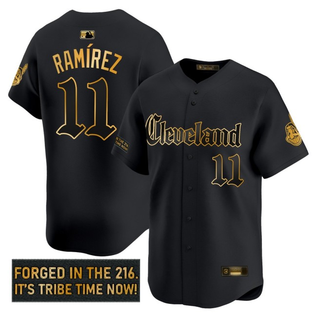 Men's CLE Indians #11 Jose Ramirez 'Gothic Iron Edition' Nike Gold MLB Baseball Limited Jersey Black - All Stitched