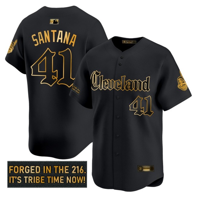 Men's CLE Indians #41 Carlos Santana 'Gothic Iron Edition' Nike Gold MLB Baseball Limited Jersey Black - All Stitched