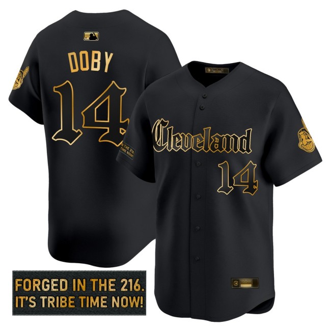 Men's CLE Indians #14 Larry Doby 'Gothic Iron Edition' Nike Gold MLB Baseball Limited Jersey Black - All Stitched